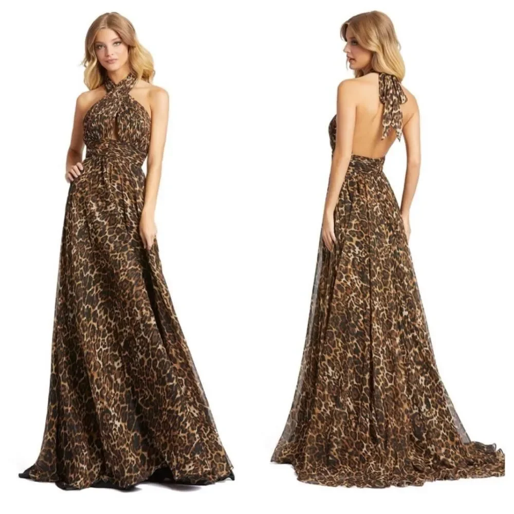 Mac Duggal 67360 Bow Detail Animal Print Open Back Halter Gown, Cheetah, Size 2